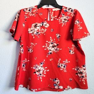 Rewind Red Floral Short Sleeve Blouse Juniors M